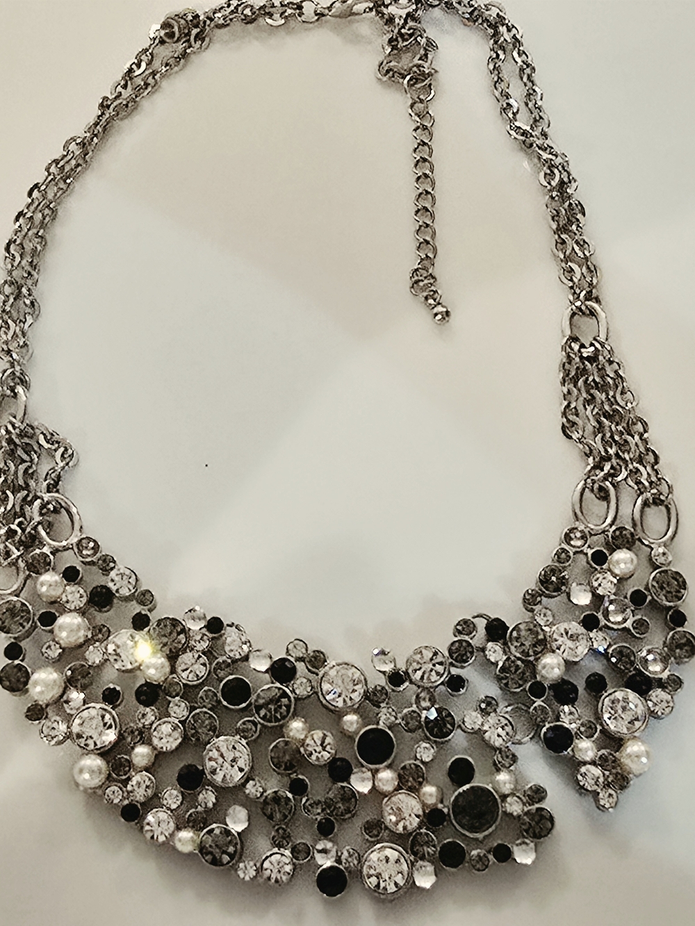 Silver Statement Bib Necklace with Clear Crystals and Pearls